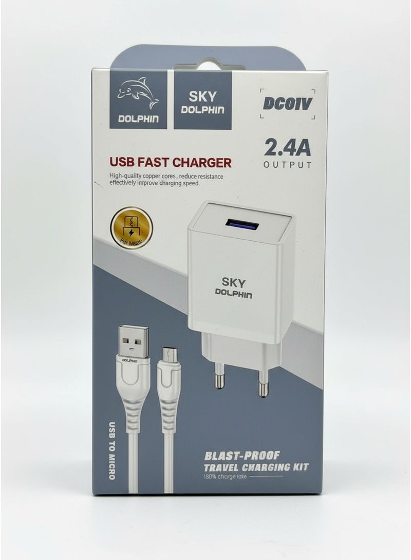 Sky Dolphin USB Fast Charger 2.4A with Micro USB Cable, Blast‑Proof Travel Charging Kit – White